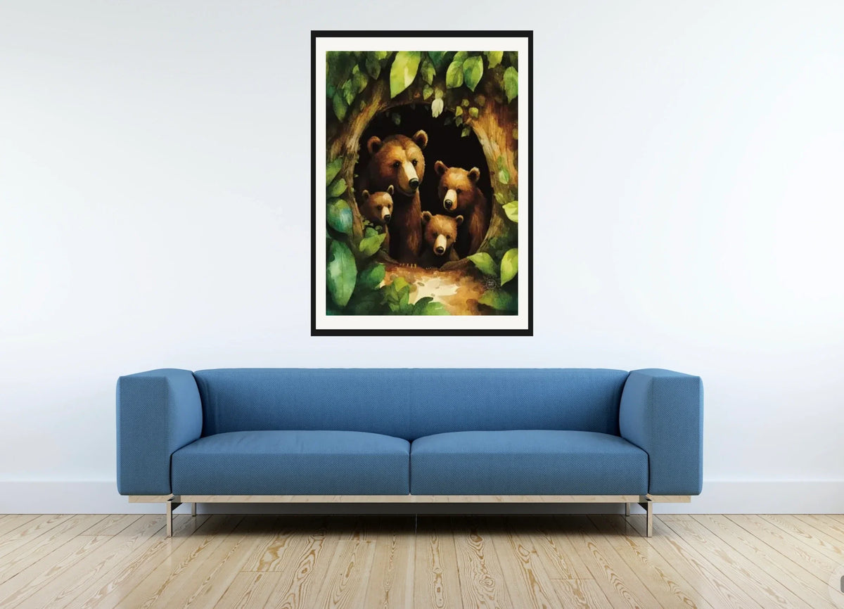 Momma Brown Bear and Her Three Cubs - extra large 36 x 48 matted and framed art print shown hanging on a wall
