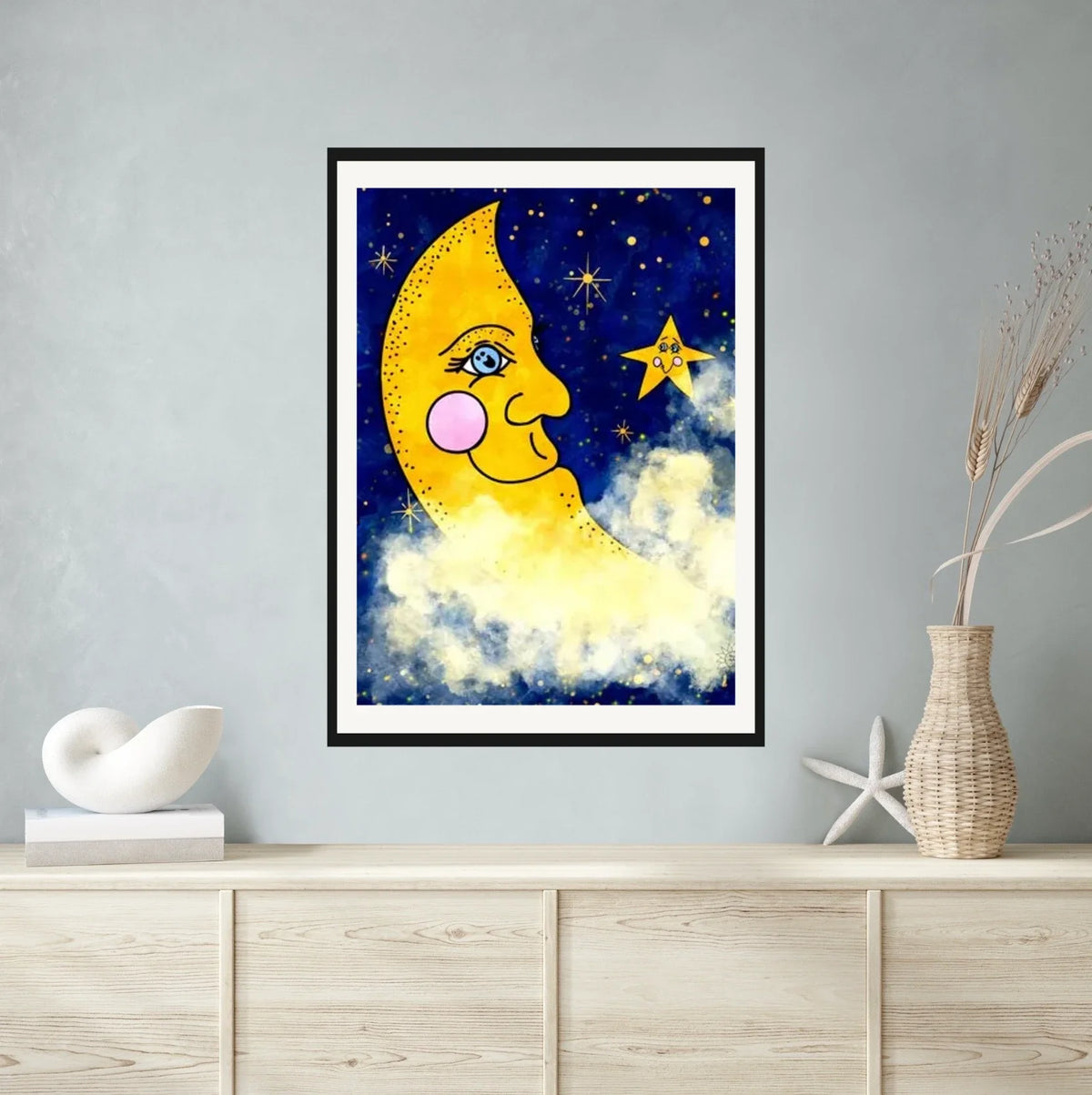 Moon And Stars - extra large 36 x 48 matted and framed art print shown hanging on a wall