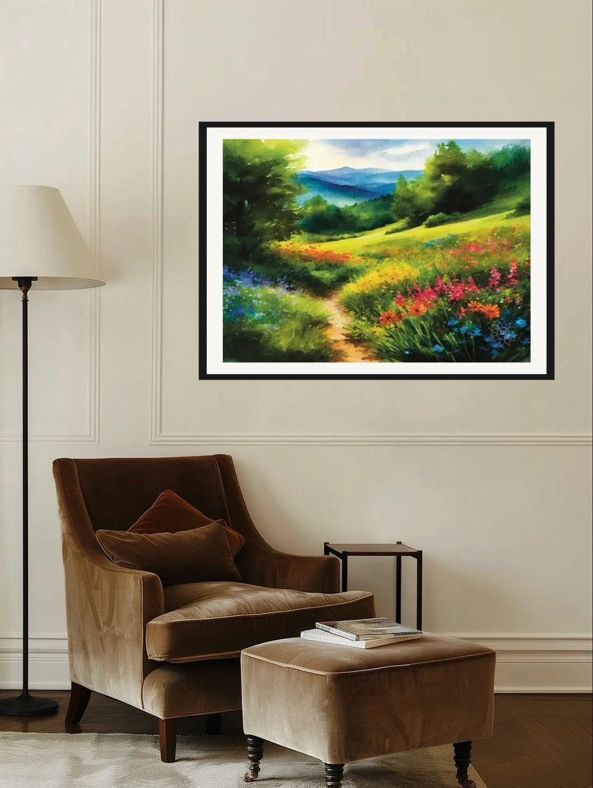 Mountain Meadow Spring - extra large 36 x 48 matted and framed art print shown hanging on a wall