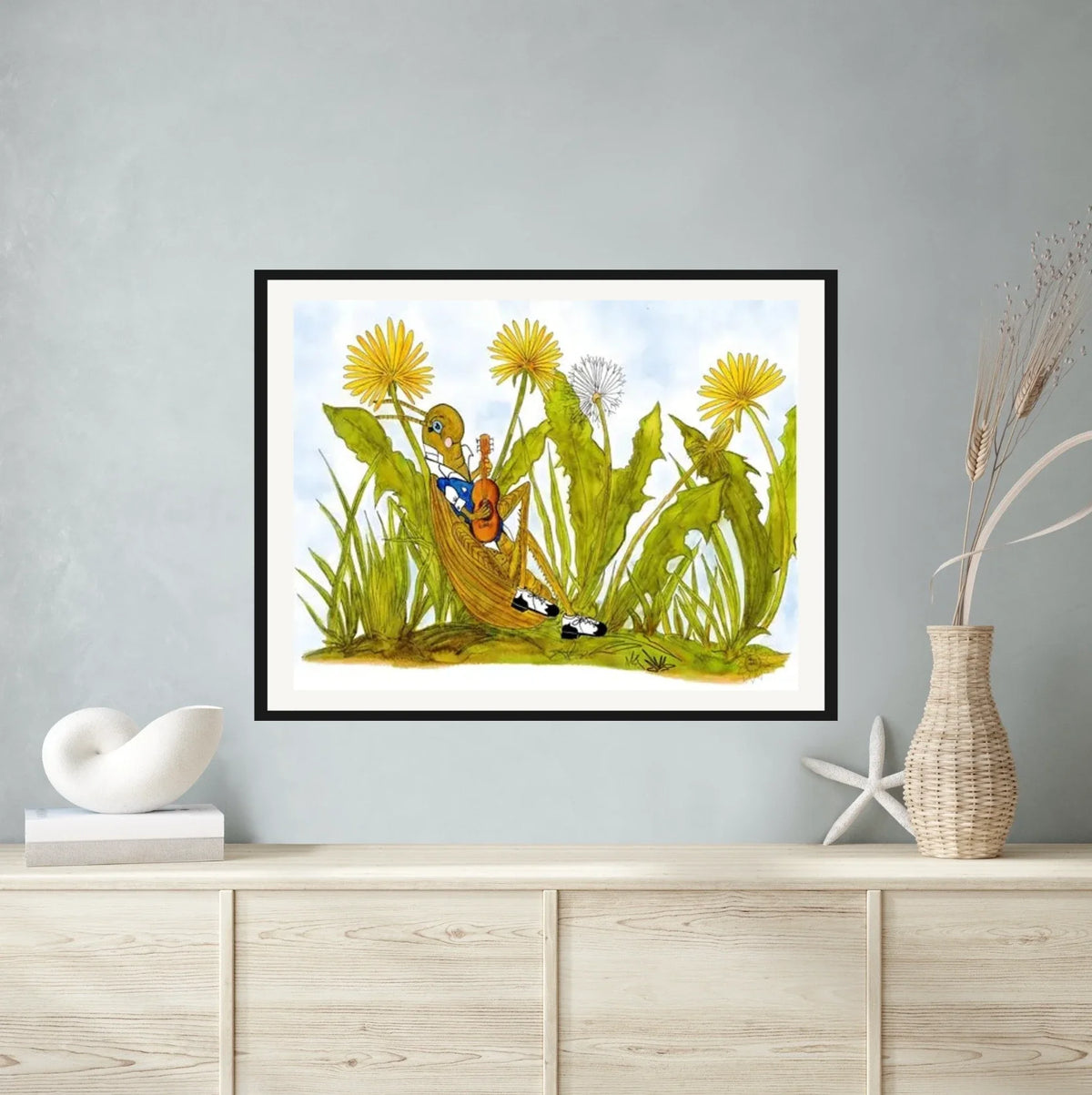 Musical Cricket - extra large 36 x 48 matted and framed art print shown hanging on a wall