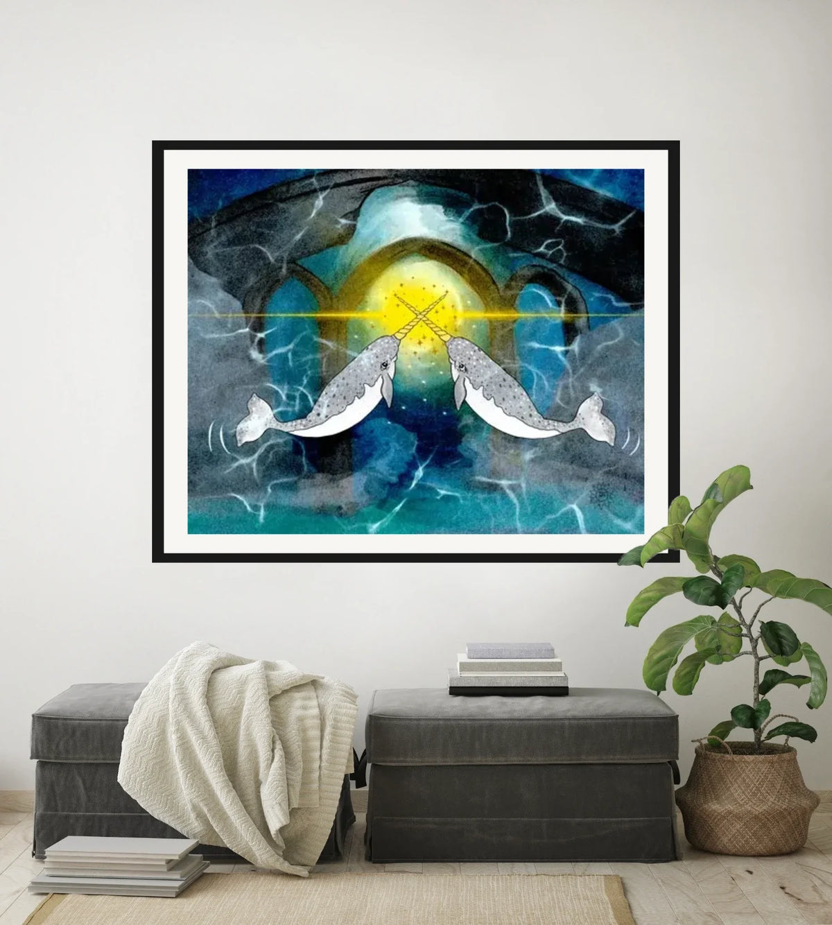Narwhals Transforming the World - extra large 36 x 48 matted and framed art print shown hanging on a wall