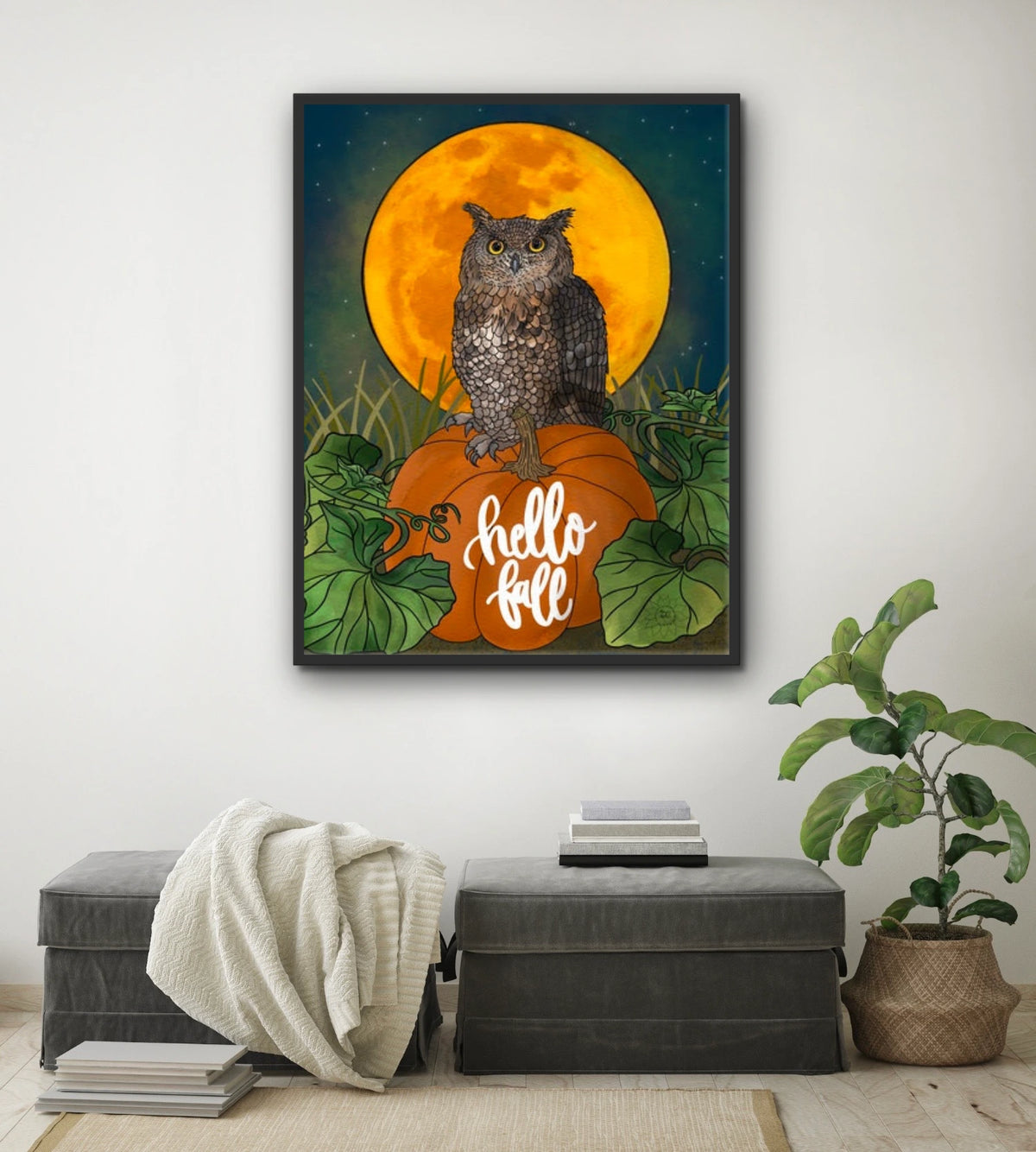 Otto the Owl - extra large 36 x 48 framed art print shown hanging on a wall