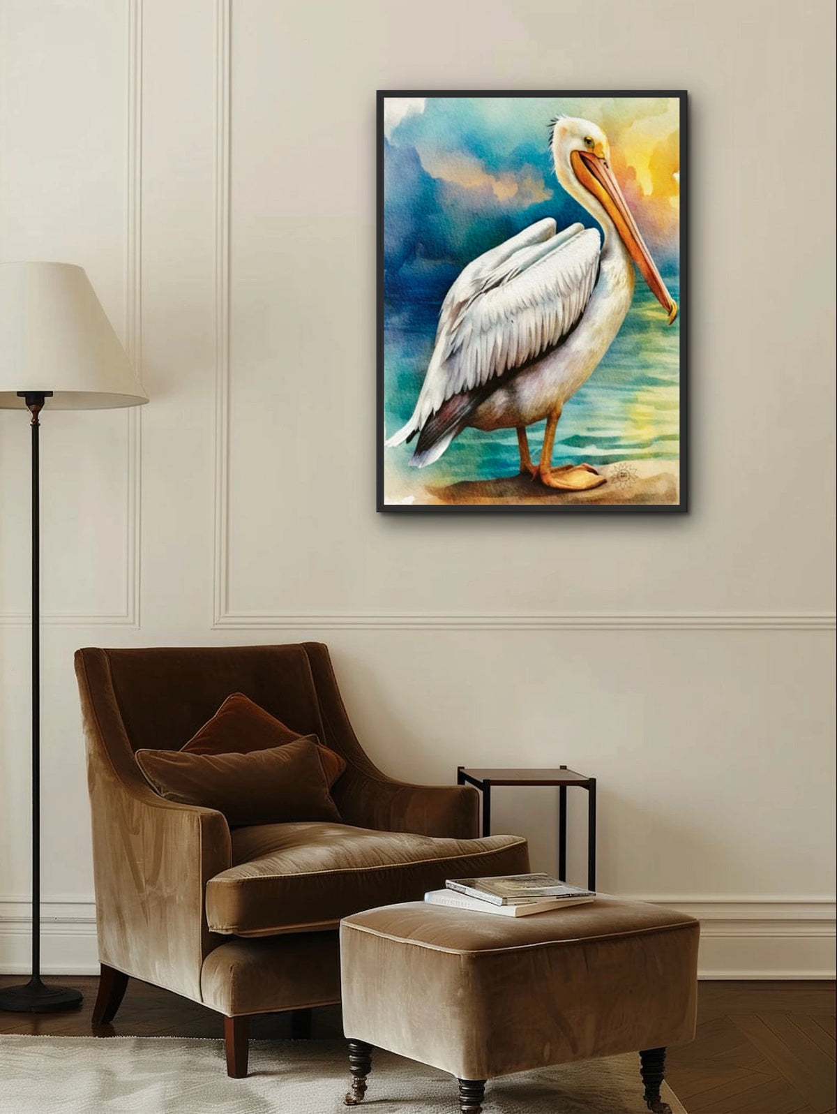 Pearl the White Pelican - extra large 36 x 48 framed art print shown hanging on a wall