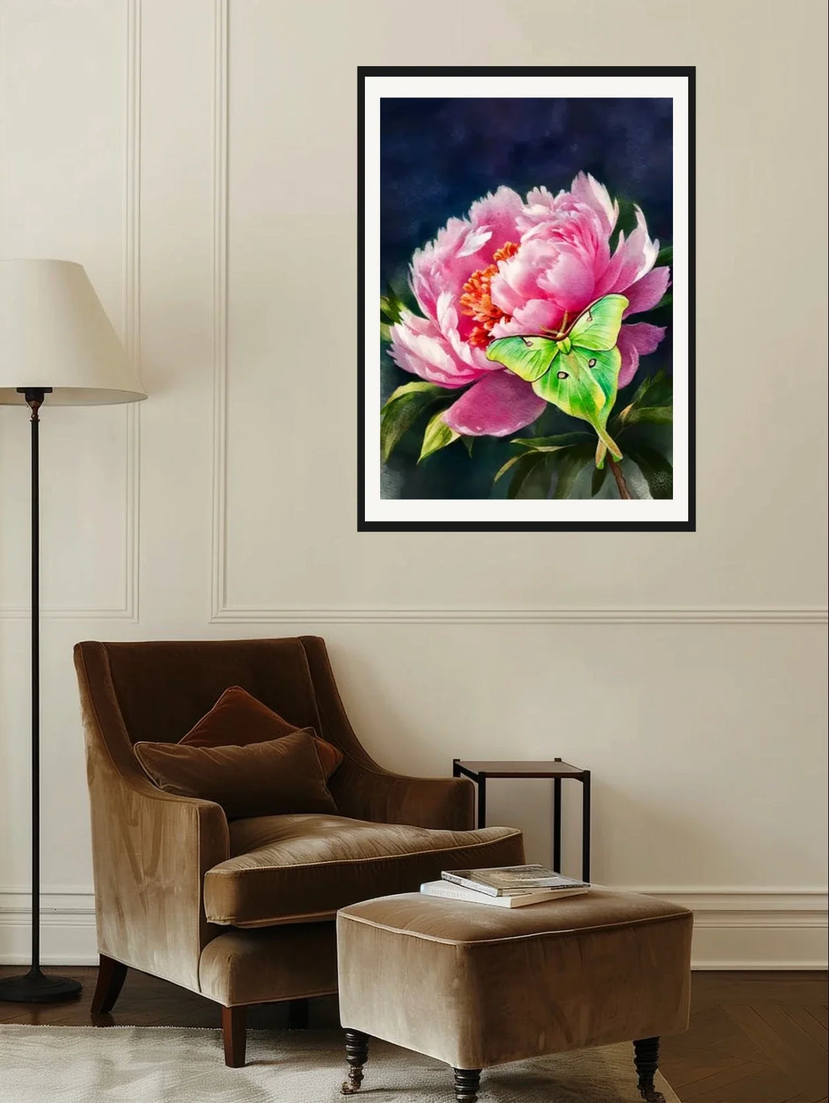 Peony with Luna Moth - extra large 36 x 48 matted and framed art print shown hanging on a wall
