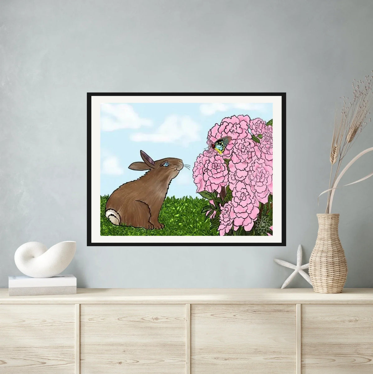 Peyton Rabbit - extra large 36 x 48 matted and framed art print shown hanging on a wall