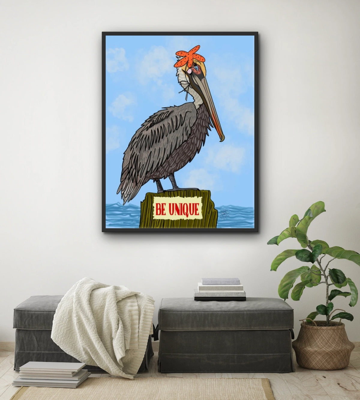 Phyllis the Pelican - extra large 36 x 48 framed art print shown hanging on a wall
