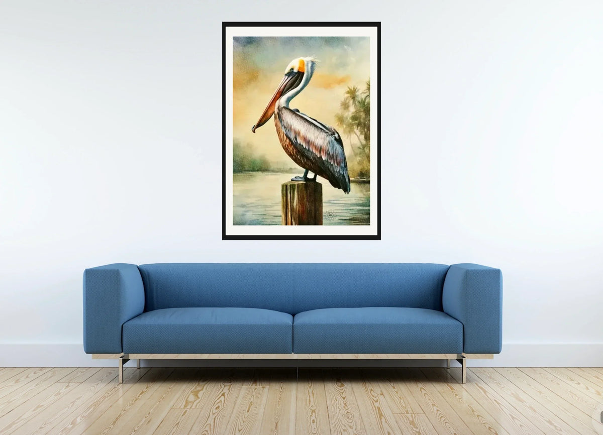 Pillar the Brown Pelican - extra large 36 x 48 matted and framed art print shown hanging on a wall