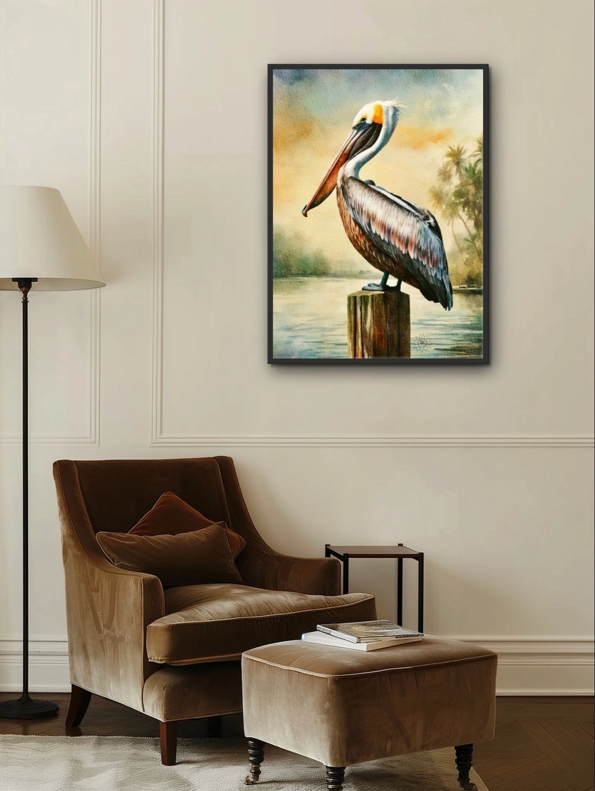 Pillar the Pelican - extra large 36 x 48 framed art print shown hanging on a wall