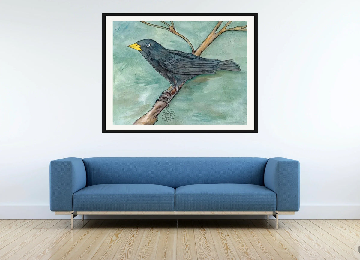 Poe The Crow - extra large 36 x 48 matted and framed art print shown hanging on a wall
