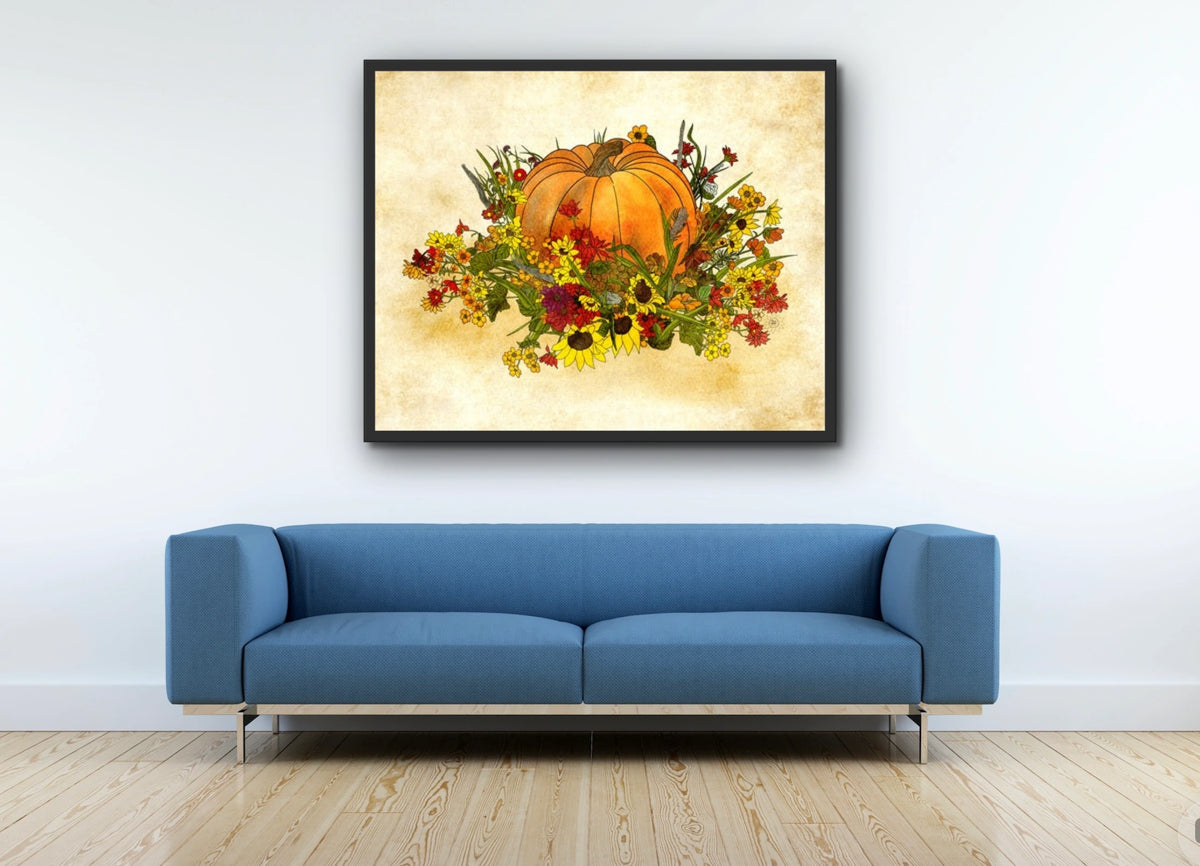 Pumpkin and Flowers - extra large 36 x 48 framed art print shown hanging on a wall