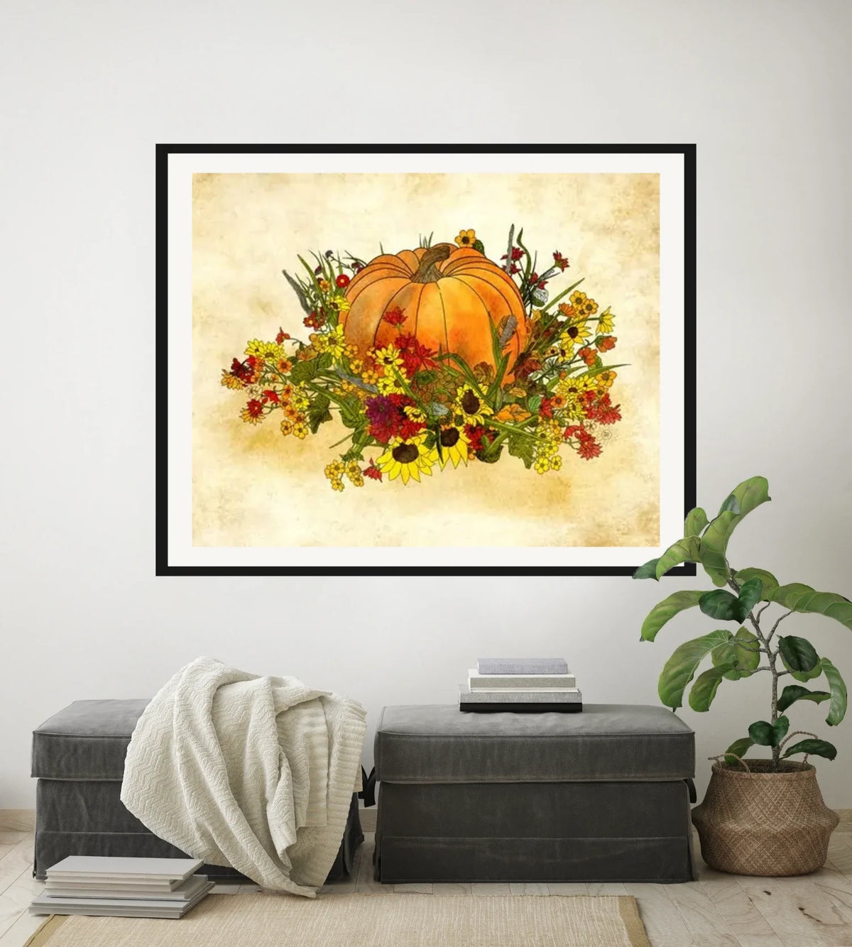Pumpkin and Flowers - extra large 36 x 48 matted and framed art print shown hanging on a wall