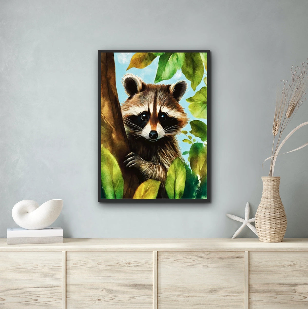 Raccoon Tree Sitter - extra large 36 x 48 framed art print shown hanging on a wall