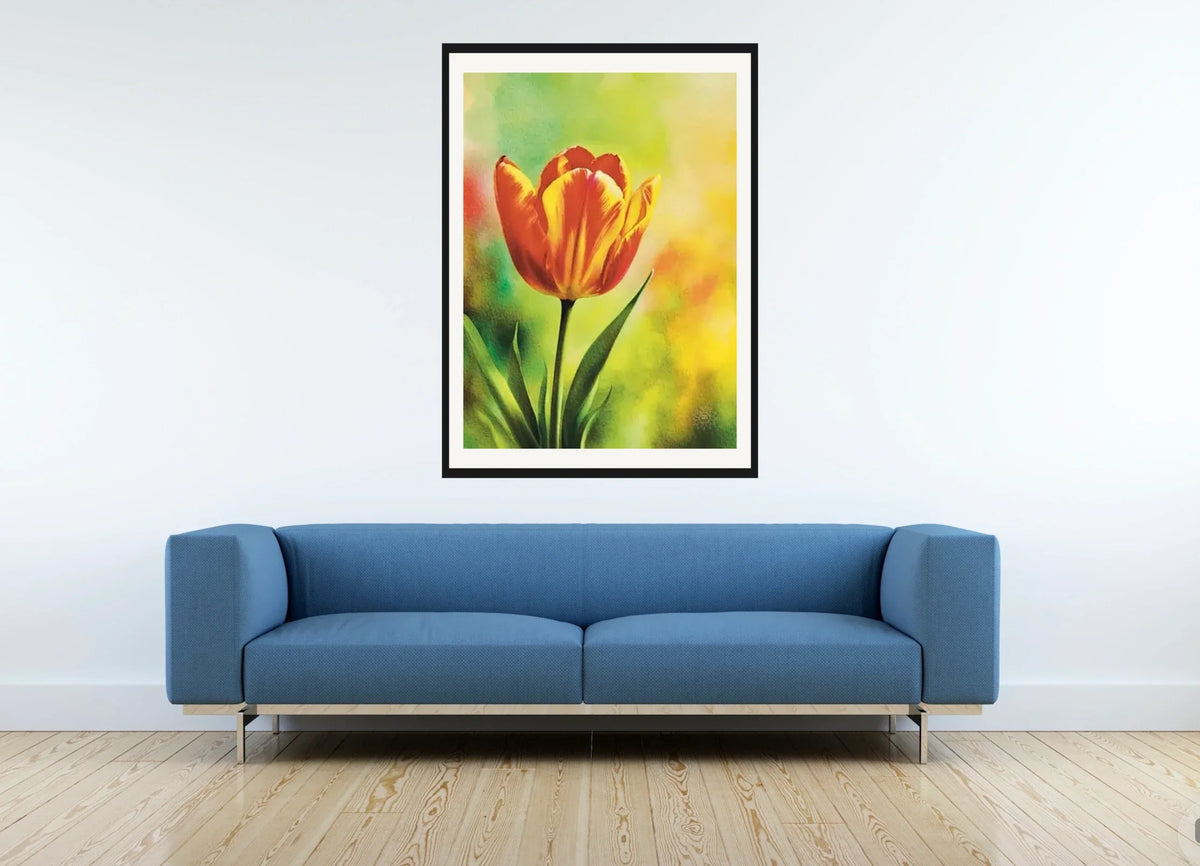 Red and Yellow Tulip - extra large 36 x 48 matted and framed art print shown hanging on a wall