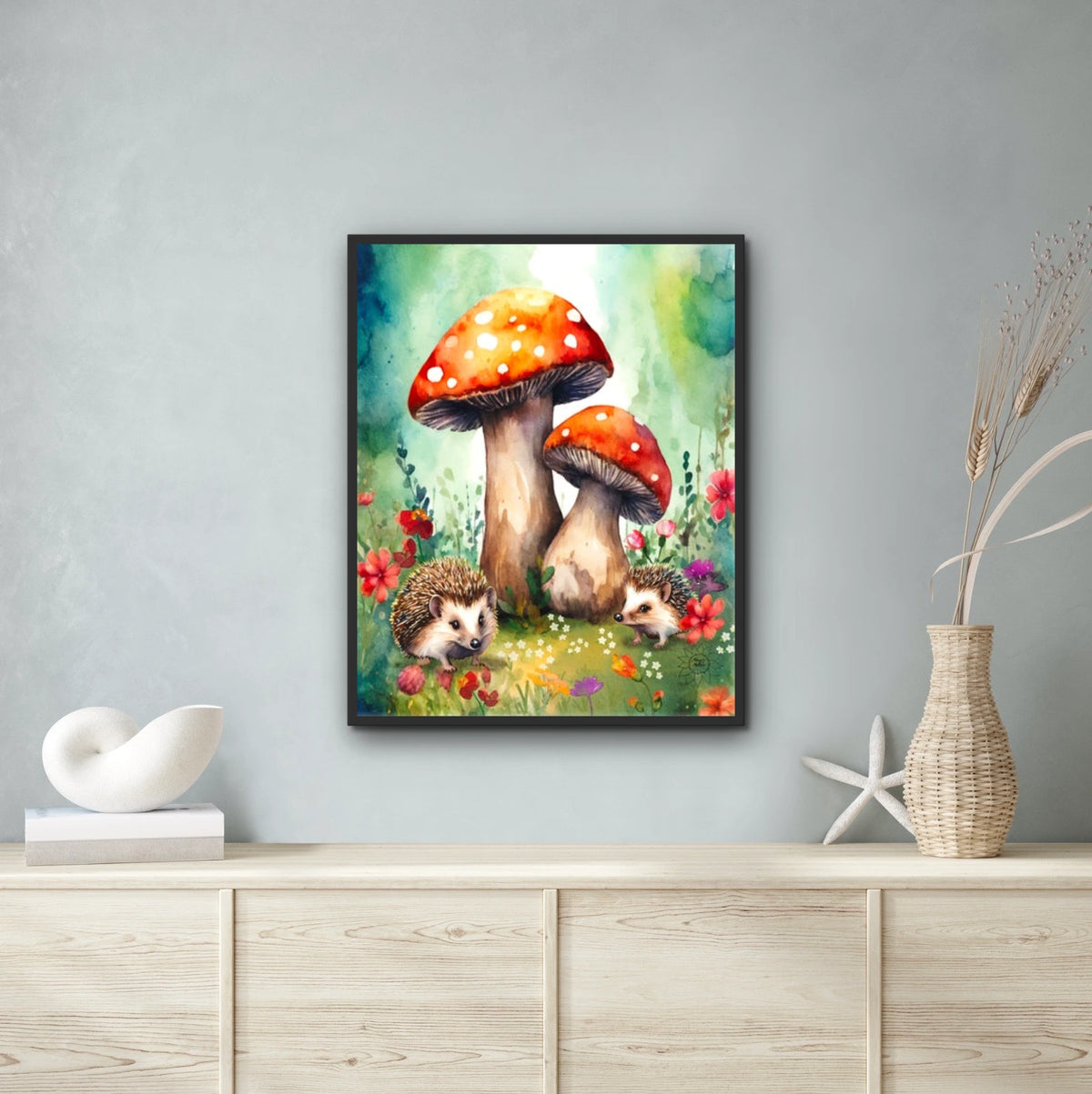 Red Cap Mushrooms with Hedgehog Companions - extra large 36 x 48 framed art print shown hanging on a wall