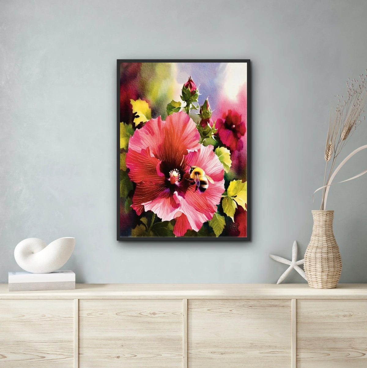 Red Hollyhock with Bee - extra large 36 x 48 framed art print shown hanging on a wall