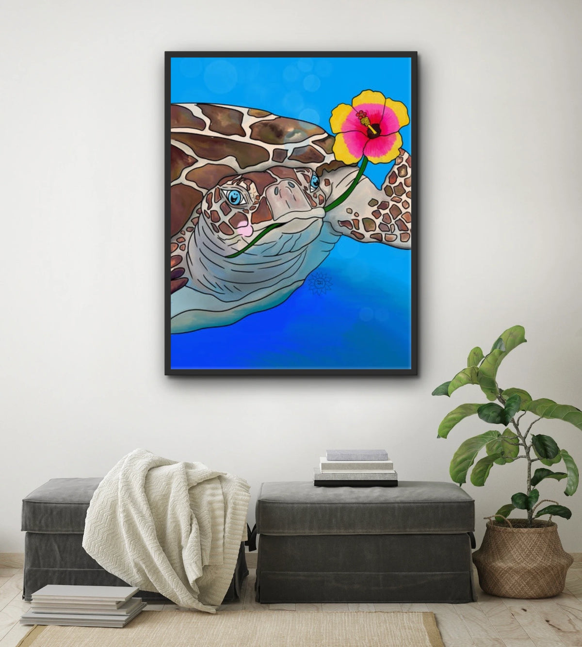 Sawyer the Turtle - extra large 36 x 48 framed art print shown hanging on a wall