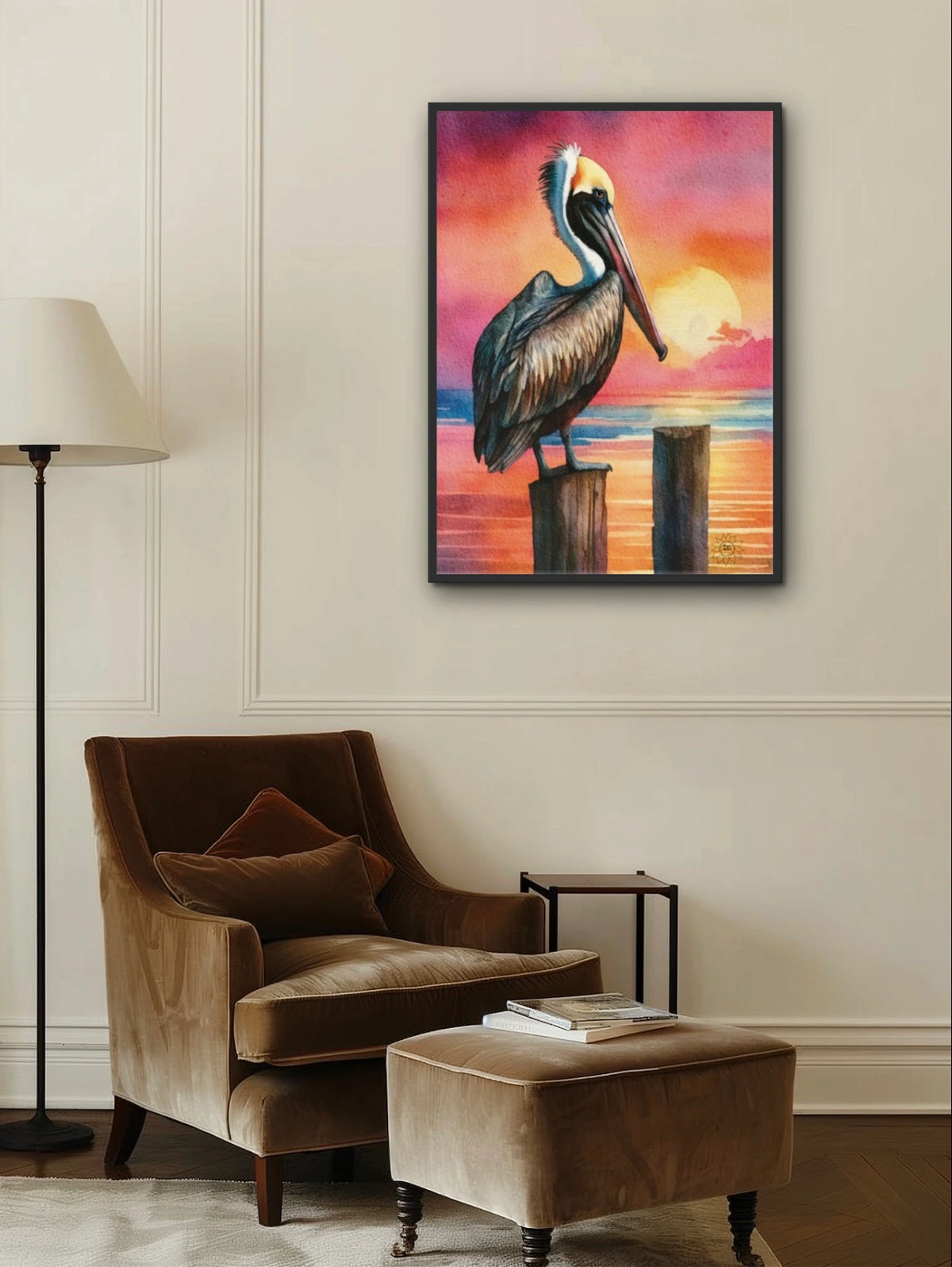 Sentry the Brown Pelican - extra large 36 x 48 framed art print shown hanging on a wall