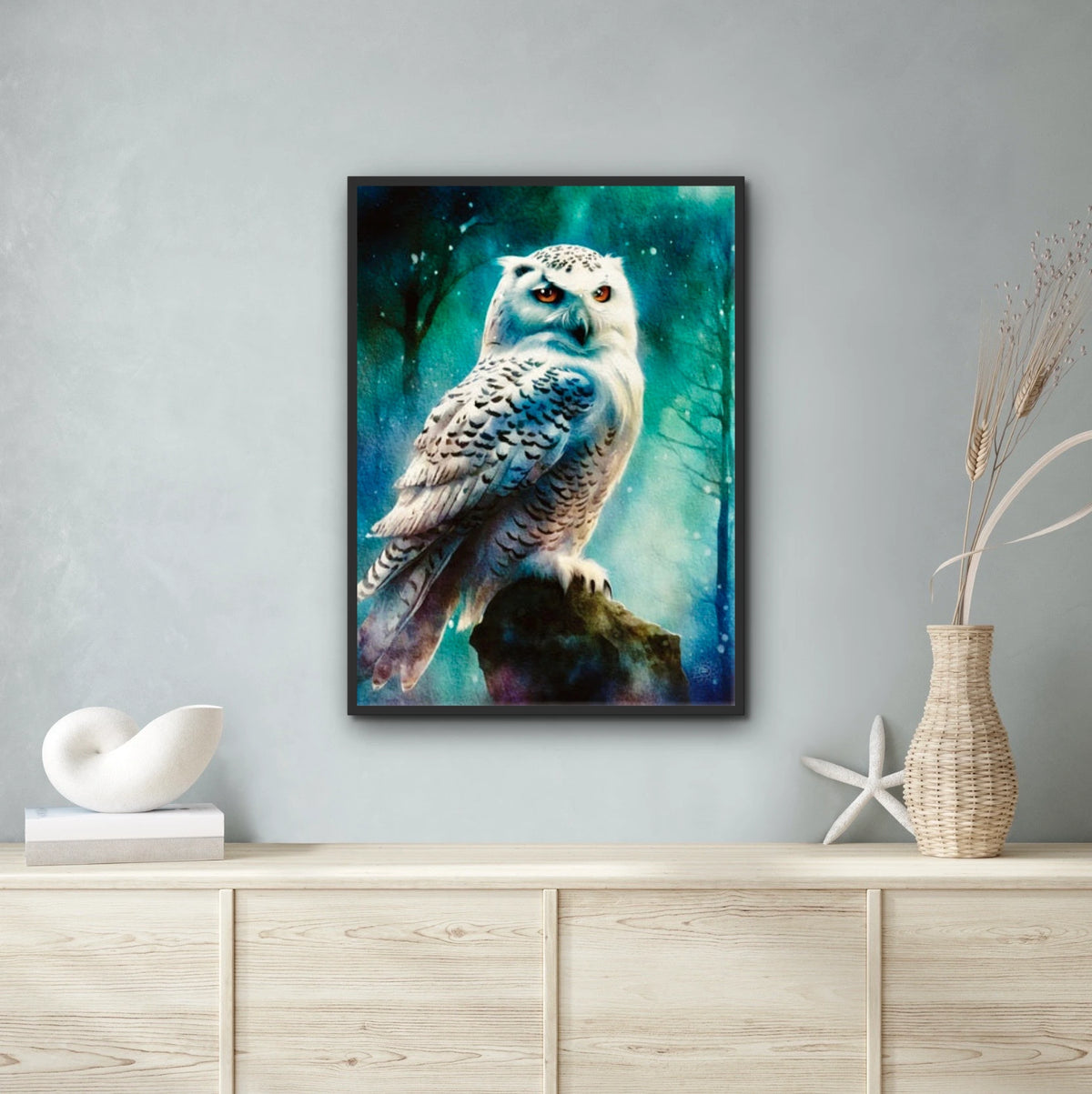 Snow Owl Hunting - extra large 36 x 48 framed art print shown hanging on a wall