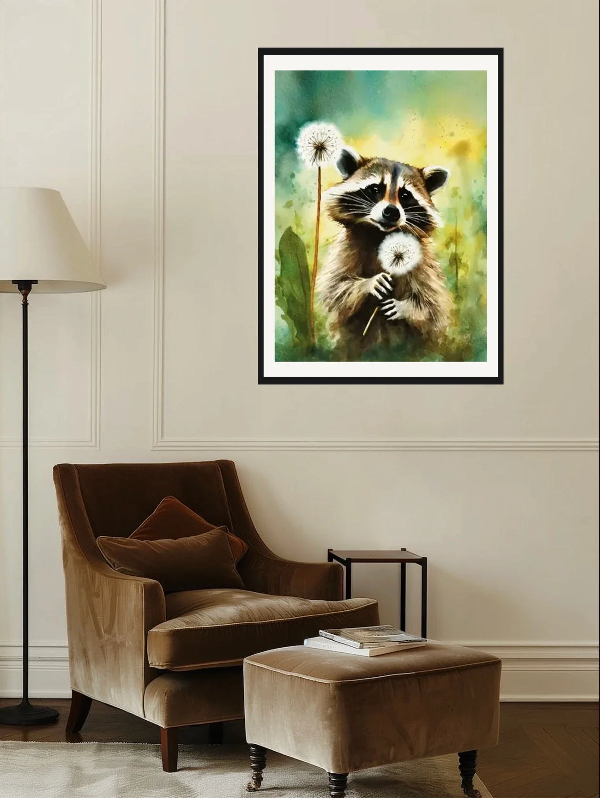 Sweet Raccoon in Dandelions - extra large 36 x 48 matted and framed art print shown hanging on a wall