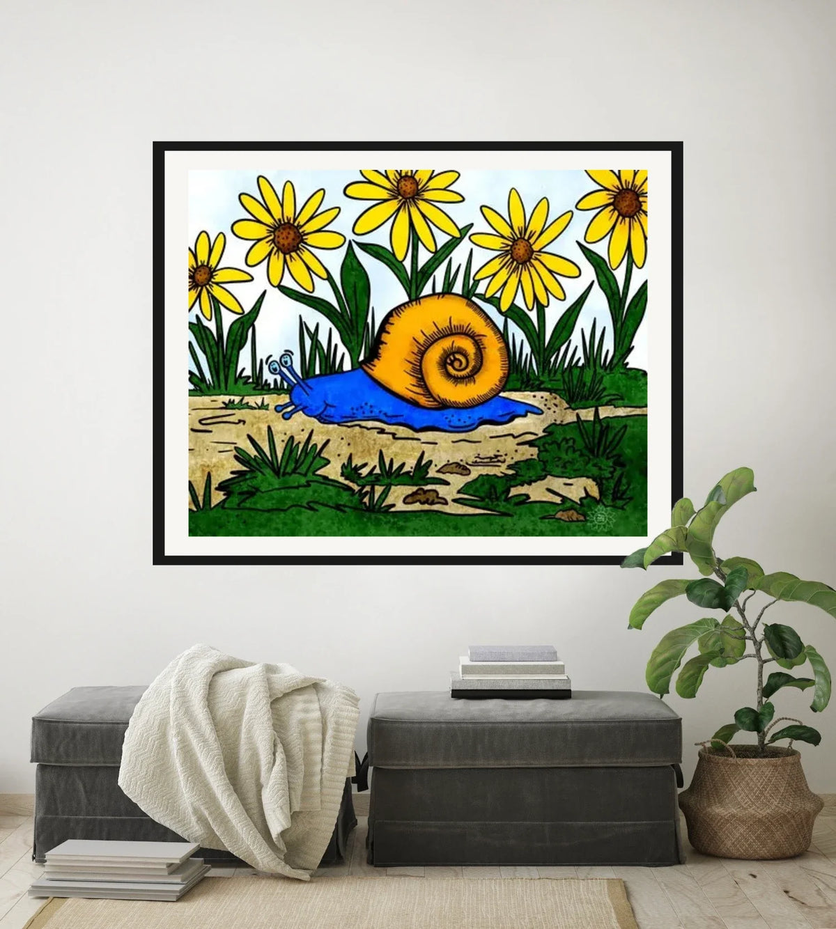 Sylvan Snail - extra large 36 x 48 matted and framed art print shown hanging on a wall