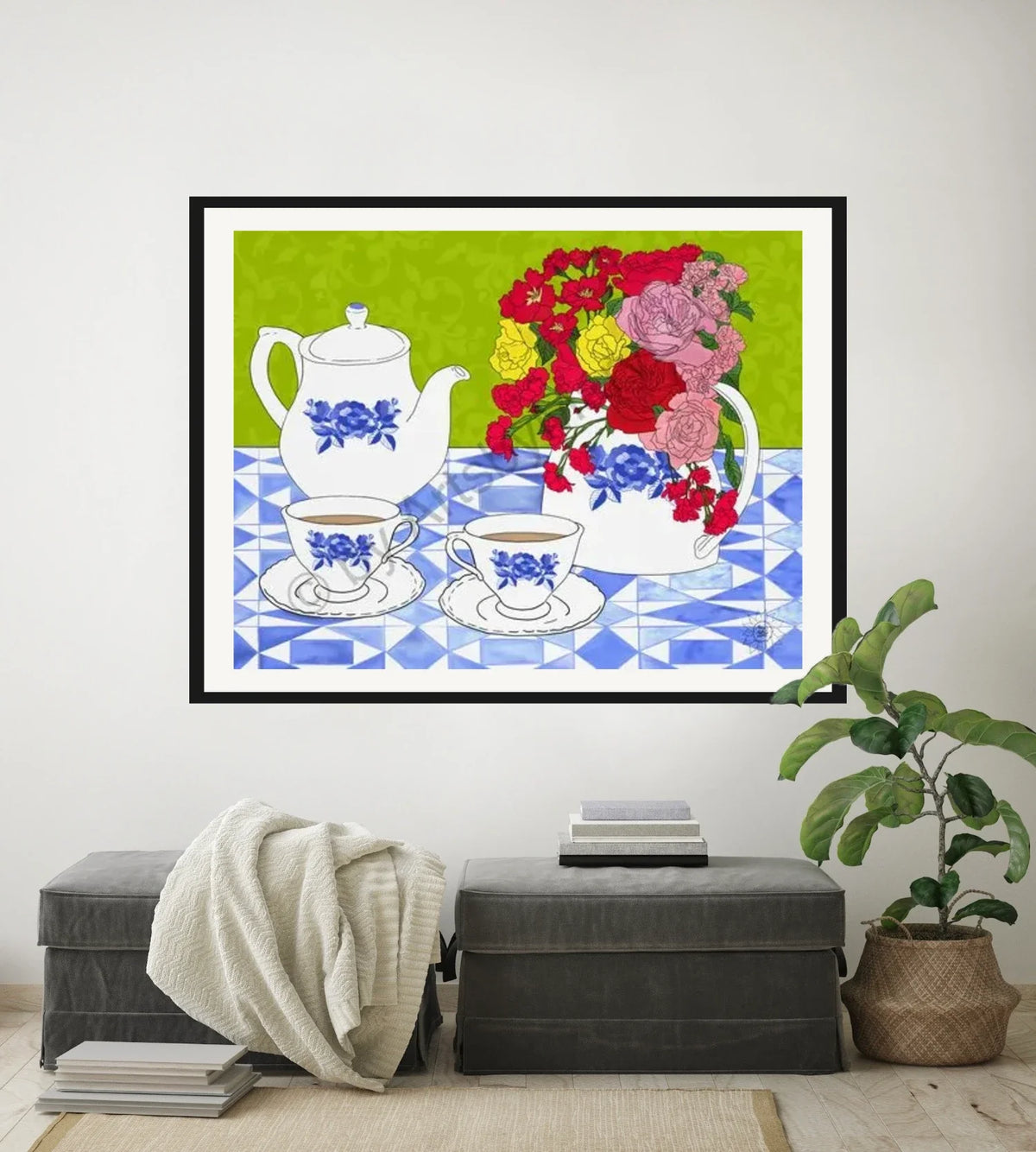 Tea Time - extra large 36 x 48 matted and framed art print shown hanging on a wall