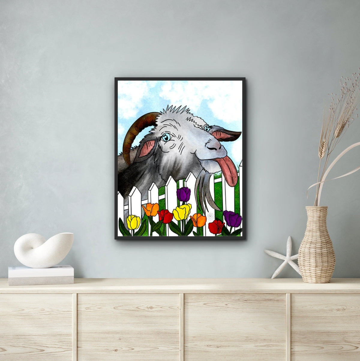 Thistle the Goat - extra large 36 x 48 framed art print shown hanging on a wall