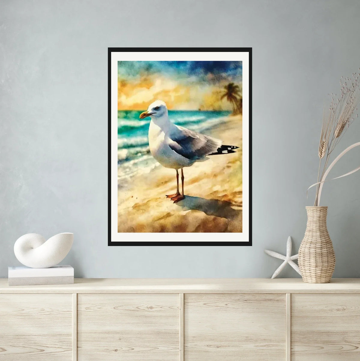Whimsical Delights Herring Gull - extra large 36 x 48 matted and framed art print shown hanging on a wall