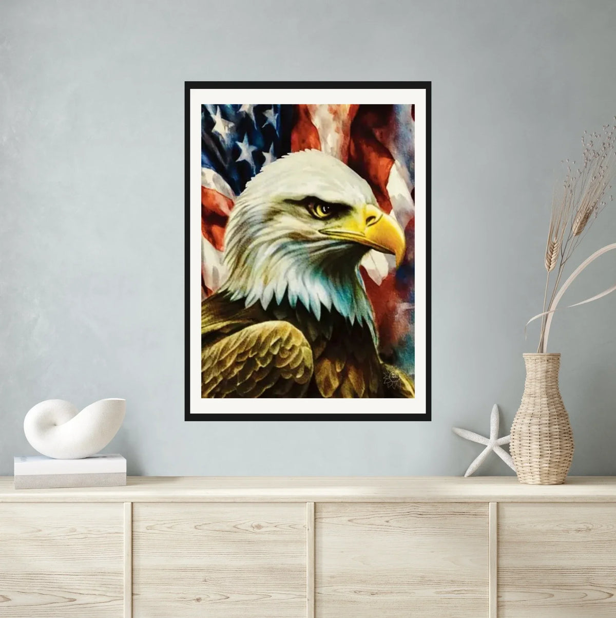 Whimsical Patriot Eagle and Flag - extra large 36 x 48 matted and framed art print shown hanging on a wall