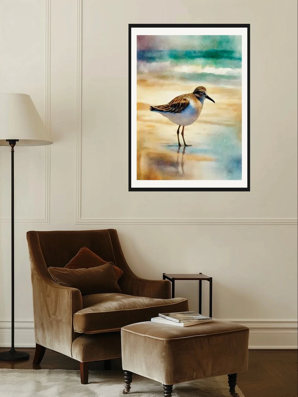 Whimsical Serenity Sandpiper - extra large 36 x 48 matted and framed art print shown hanging on a wall