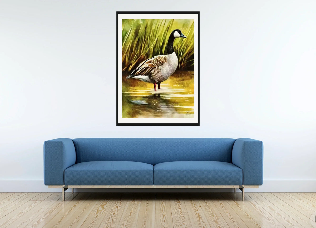 Whimsical Wonder Canadian Goose - extra large 36 x 48 matted and framed art print shown hanging on a wall