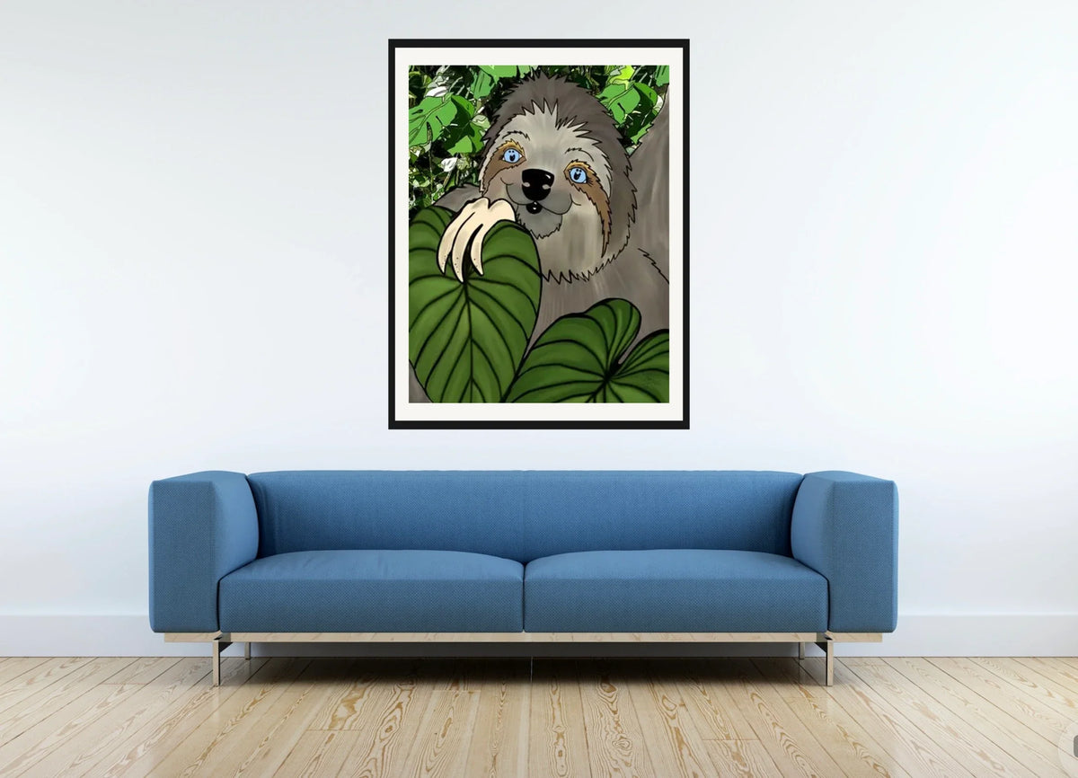 Winifred Sloth - Among Leaves - extra large 36 x 48 matted and framed art print shown hanging on a wall