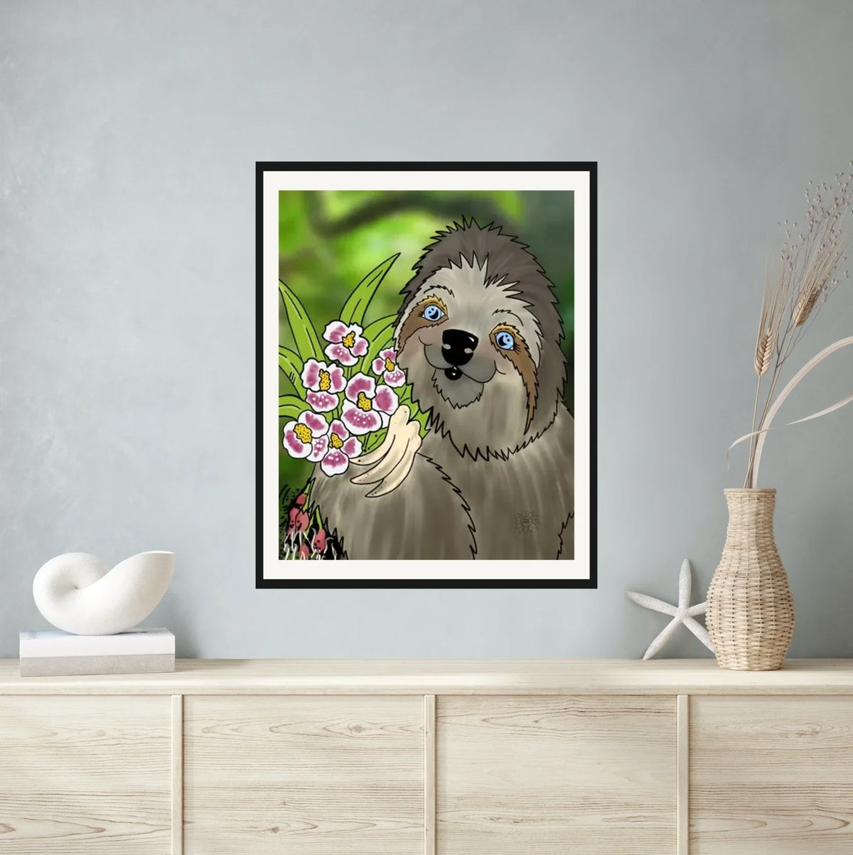 Winifred Sloth Orchids - extra large 36 x 48 matted and framed art print shown hanging on a wall