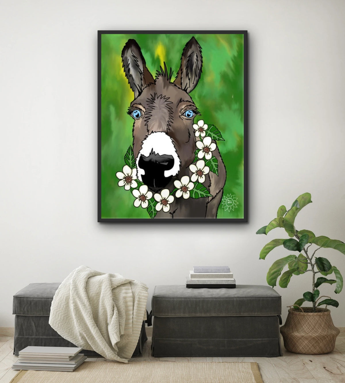 Zoey The Donkey - extra large 36 x 48 framed art print shown hanging on a wall