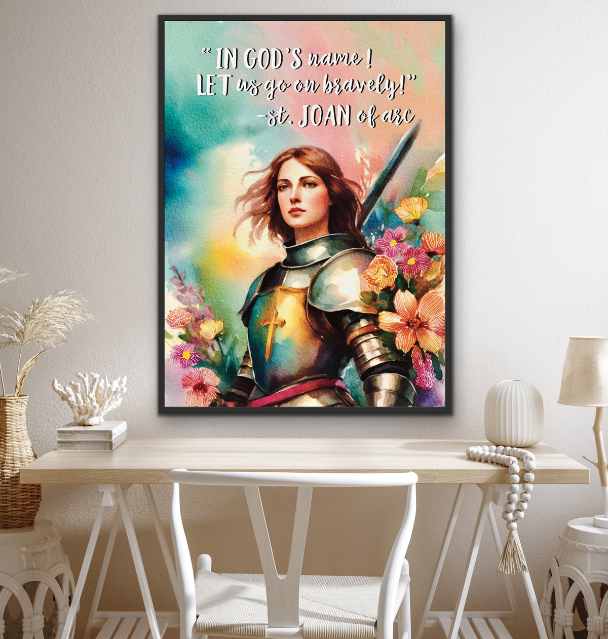 Saint Joan of Arc depicted in a dramatic historical canvas art print, framed in a large 24 x 36-inch black floating frame, wearing armor and holding a sword.