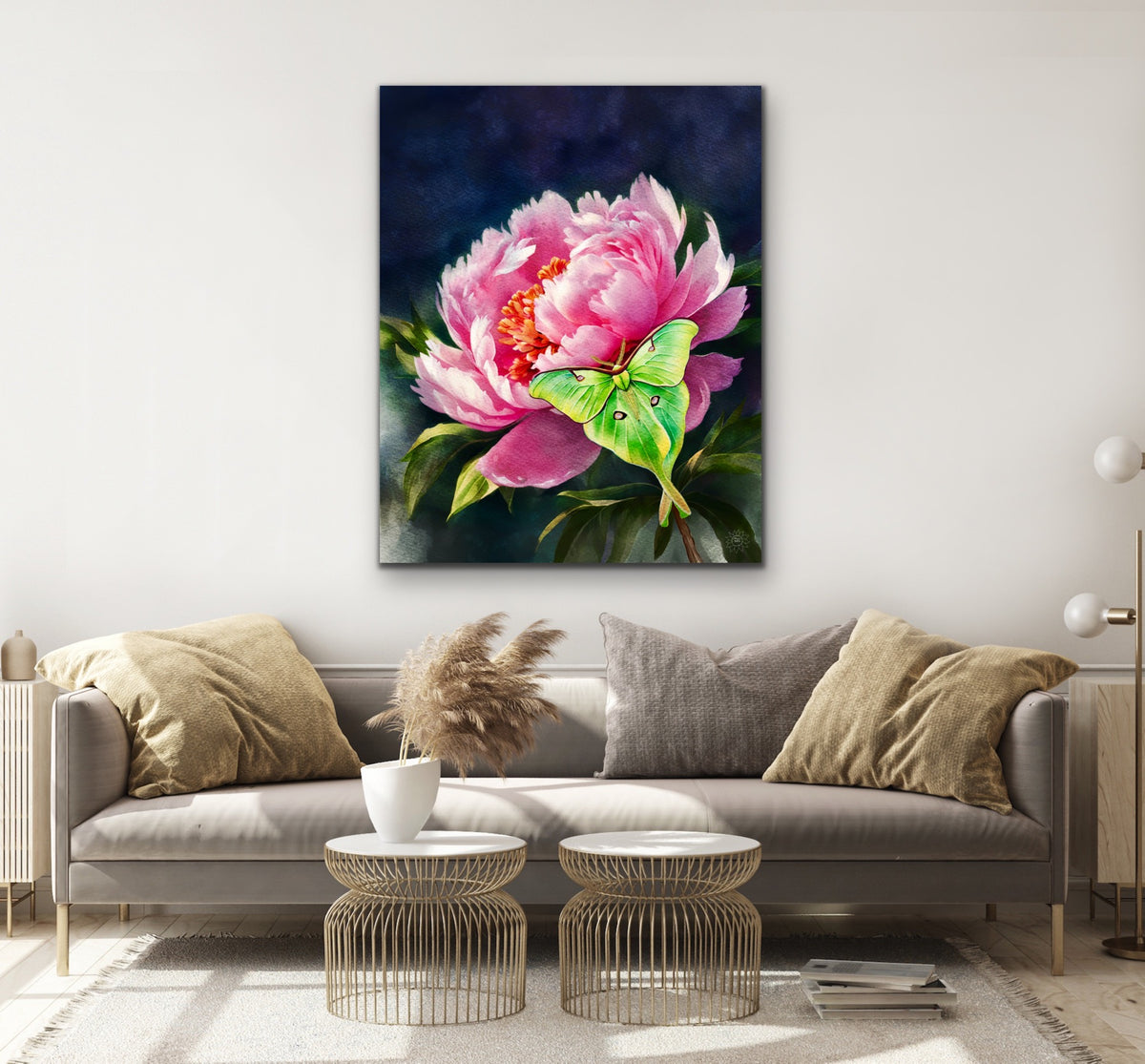 Peony with Luna Moth – Large 24 x 36 unframed Canvas Art Print.