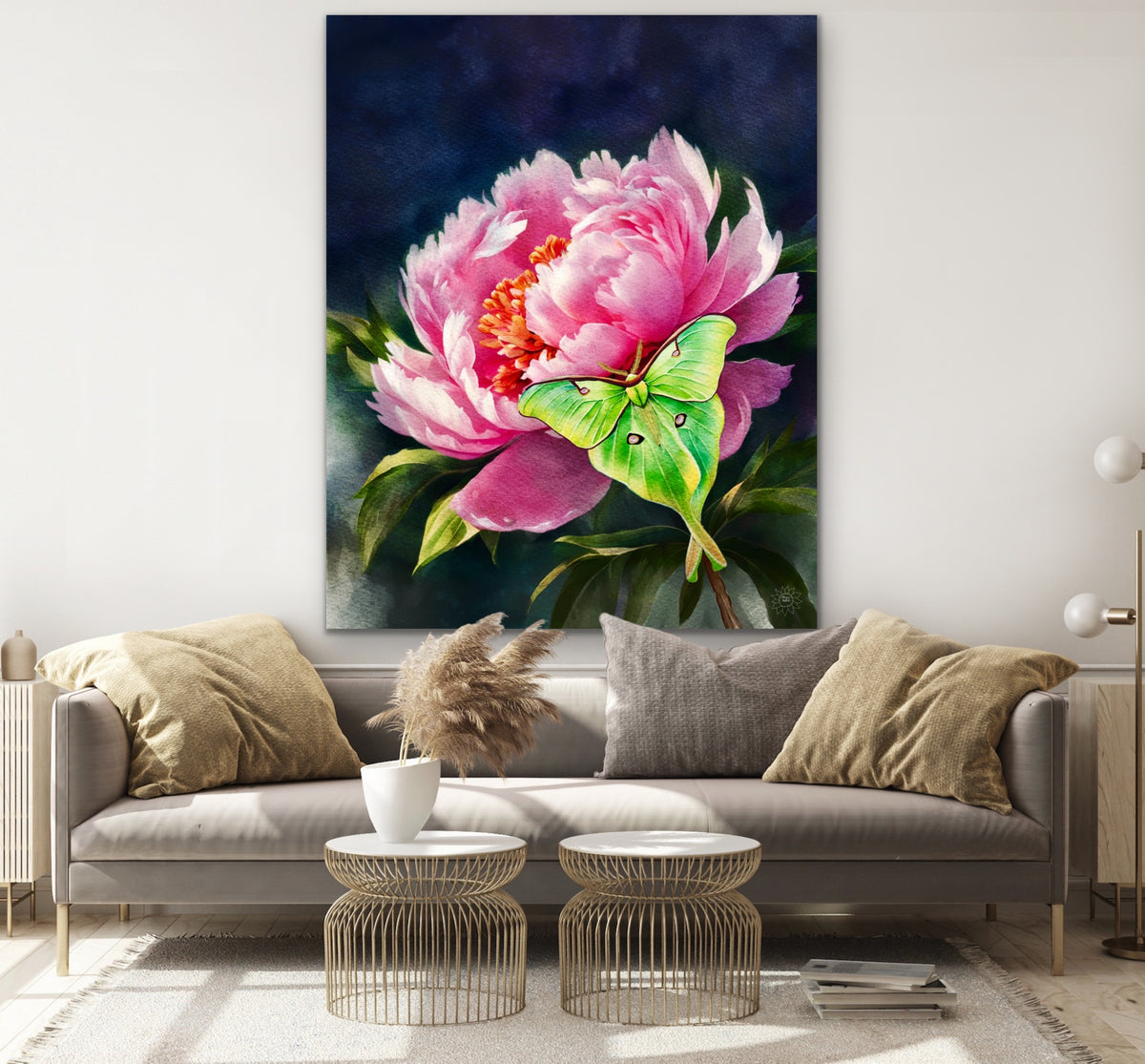 Peony with Luna Moth – Extra large 36 x 48 unframed Canvas Art Print.
