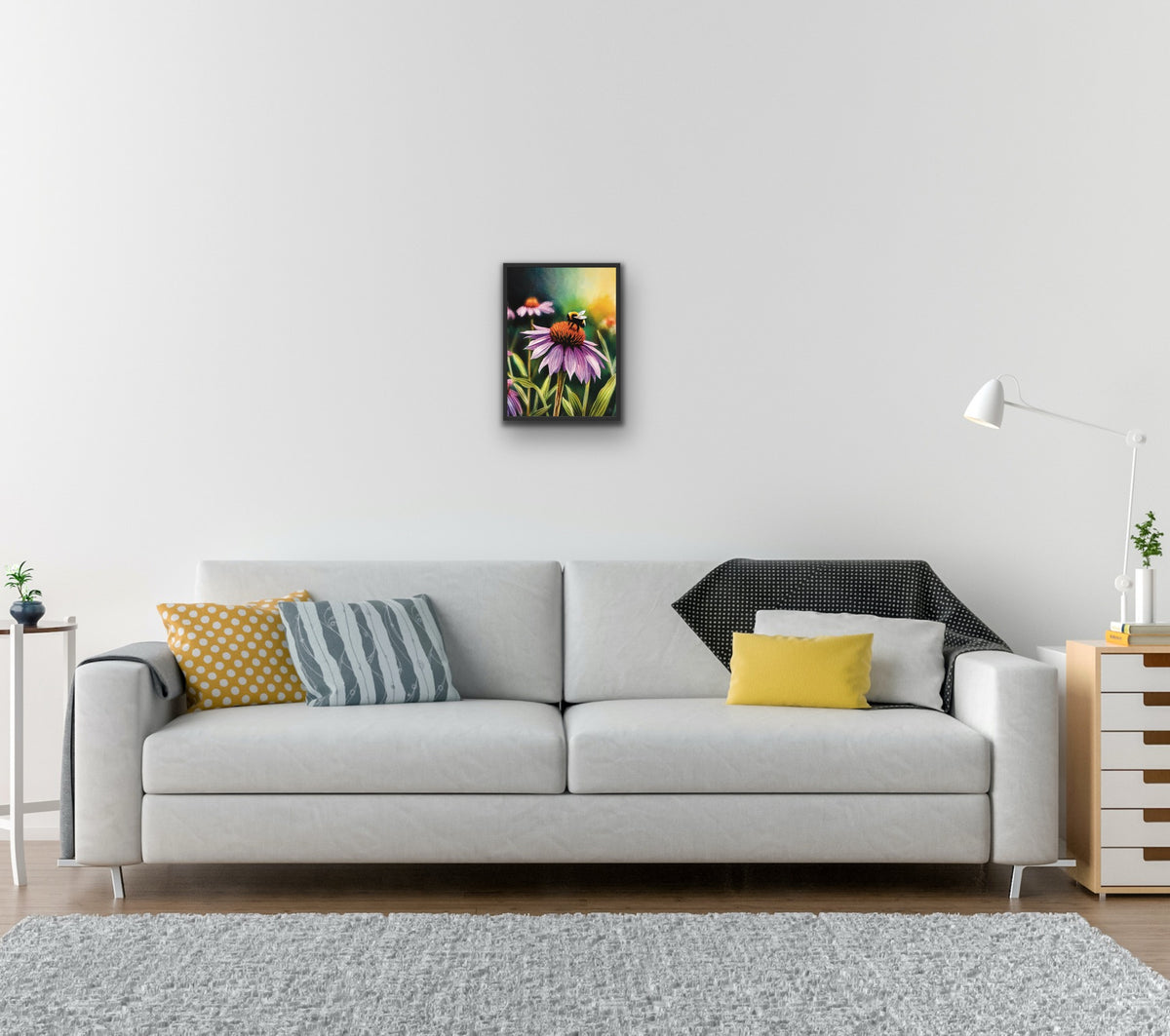 Purple Cone Flower with Bee – Small 8 x 10 framed in a black floating frame Canvas Art Print.