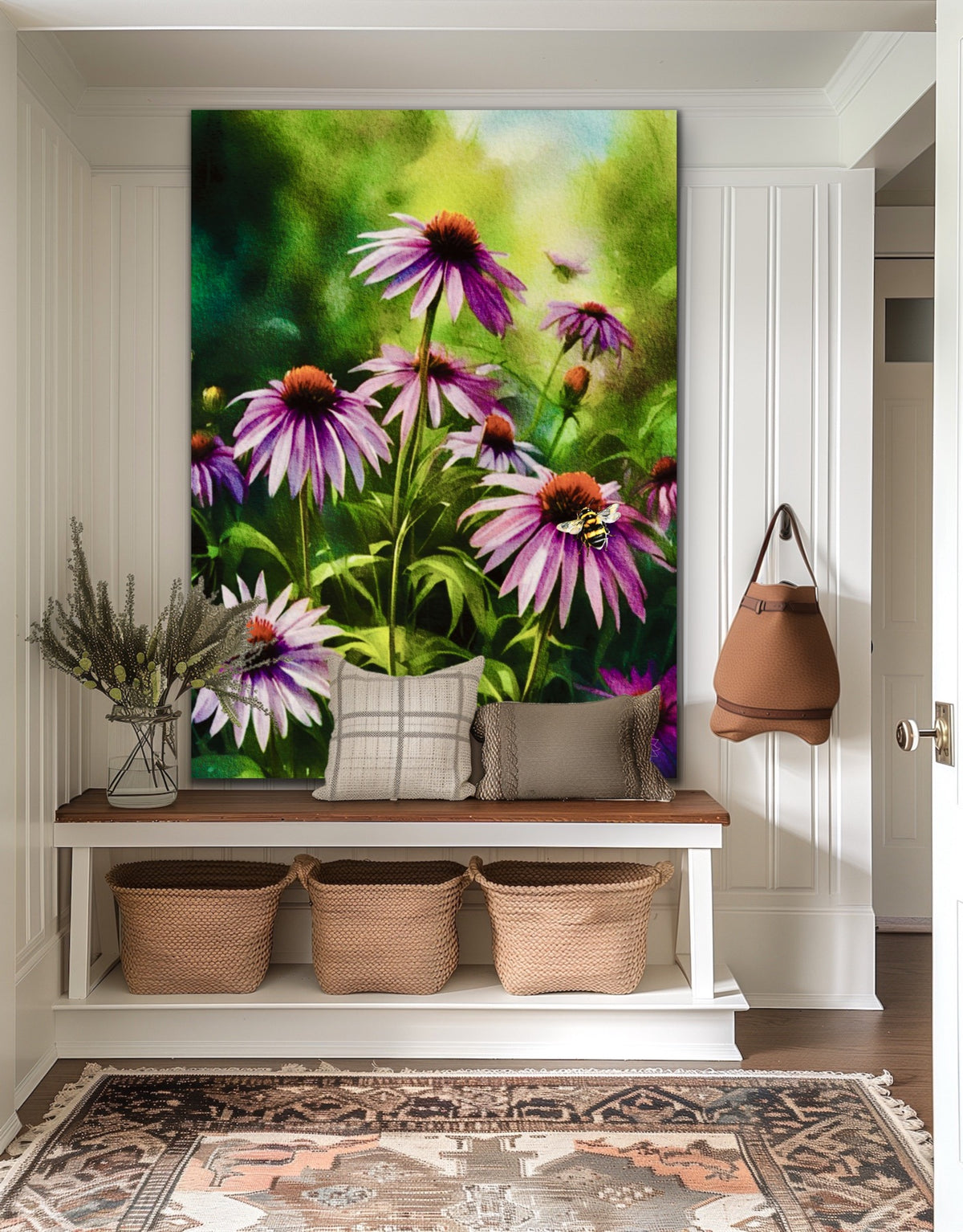 Cone Flowers with Bee – Extra large unframed Canvas Art Print.