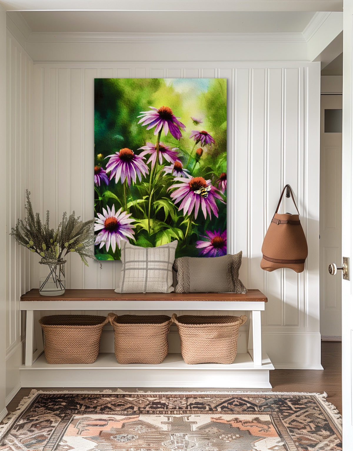Cone Flowers with Bee – Large 24 x 36 unframed Canvas Art Print.