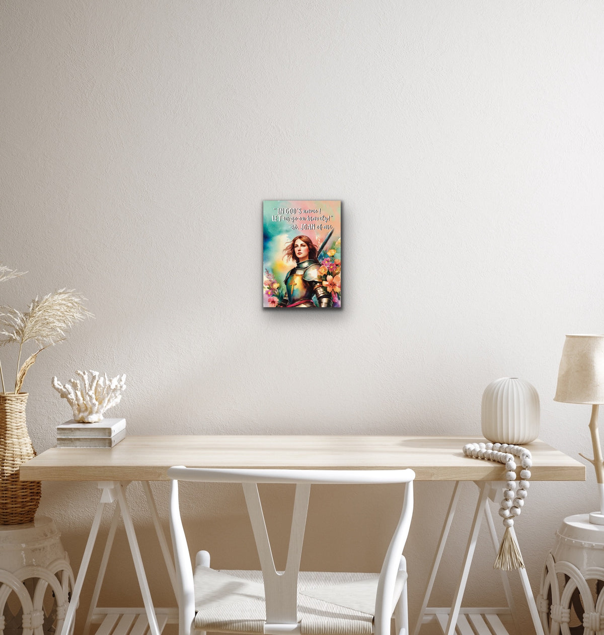 Saint Joan of Arc depicted in a dramatic historical small 8 x 10 unframed canvas art print, wearing armor and holding a sword.