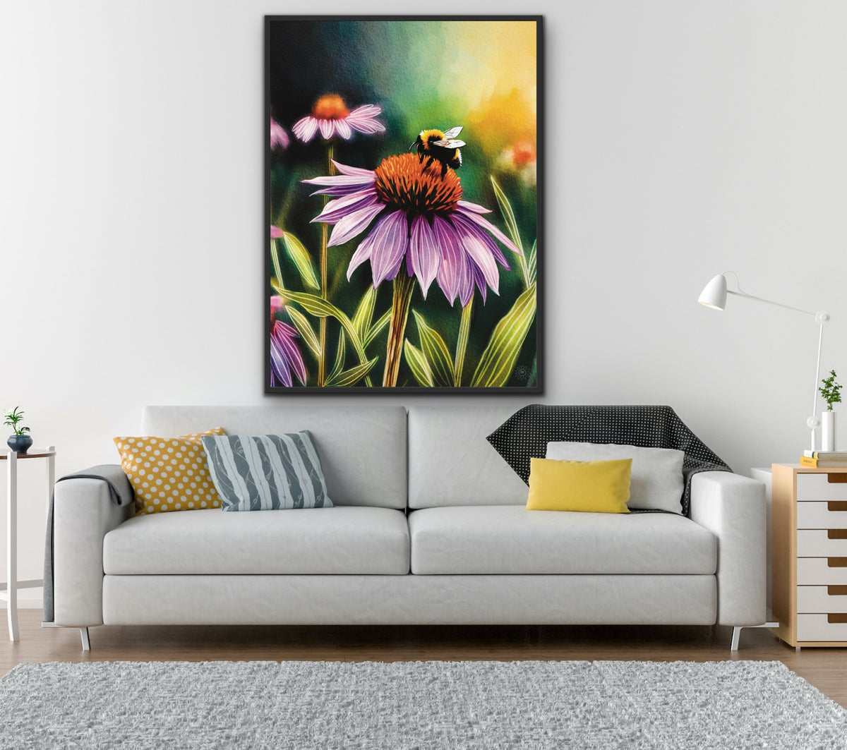 Purple Cone Flower with Bee – Large 24 x 36 framed in a black floating frame Canvas Art Print.