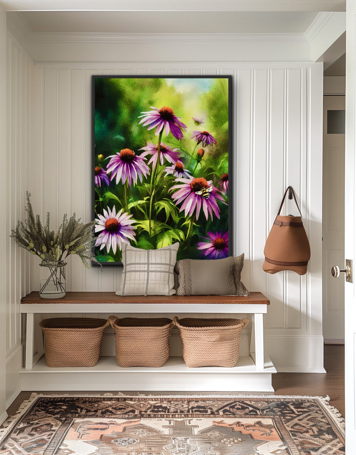 Cone Flowers with Bee – Large 24 x 36 framed with a black floating frame Canvas Art Print.