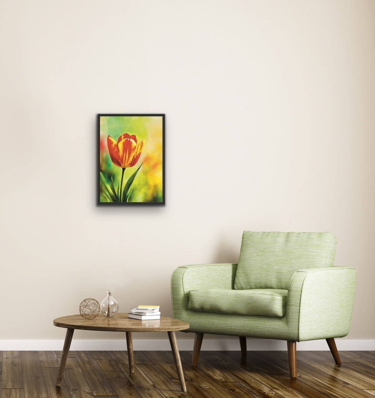 Red and Yellow Tulip – Medium 12 x 16 framed in black floating framed Canvas Art Print.