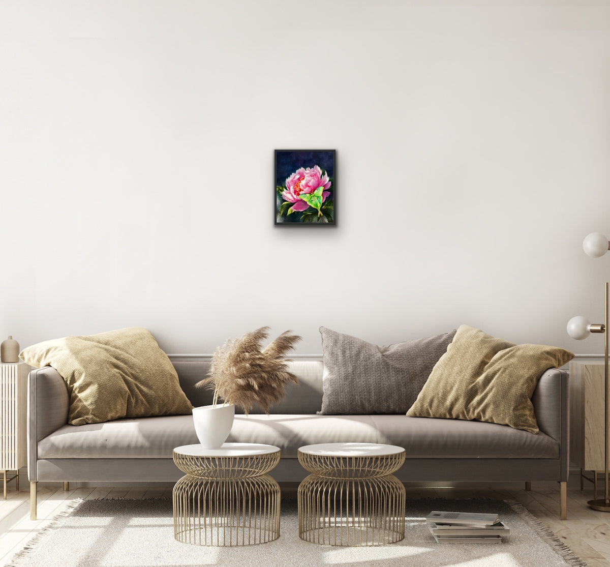 Peony with Luna Moth – Small 8 x 10 framed in black with a floating frame Canvas Art Print.