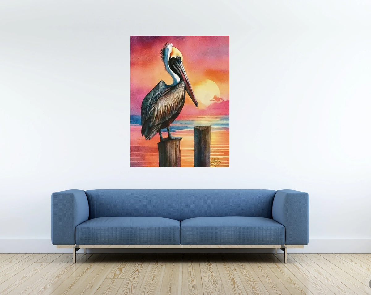 Sentry the Brown Pelican Watercolor Paper Art Prints