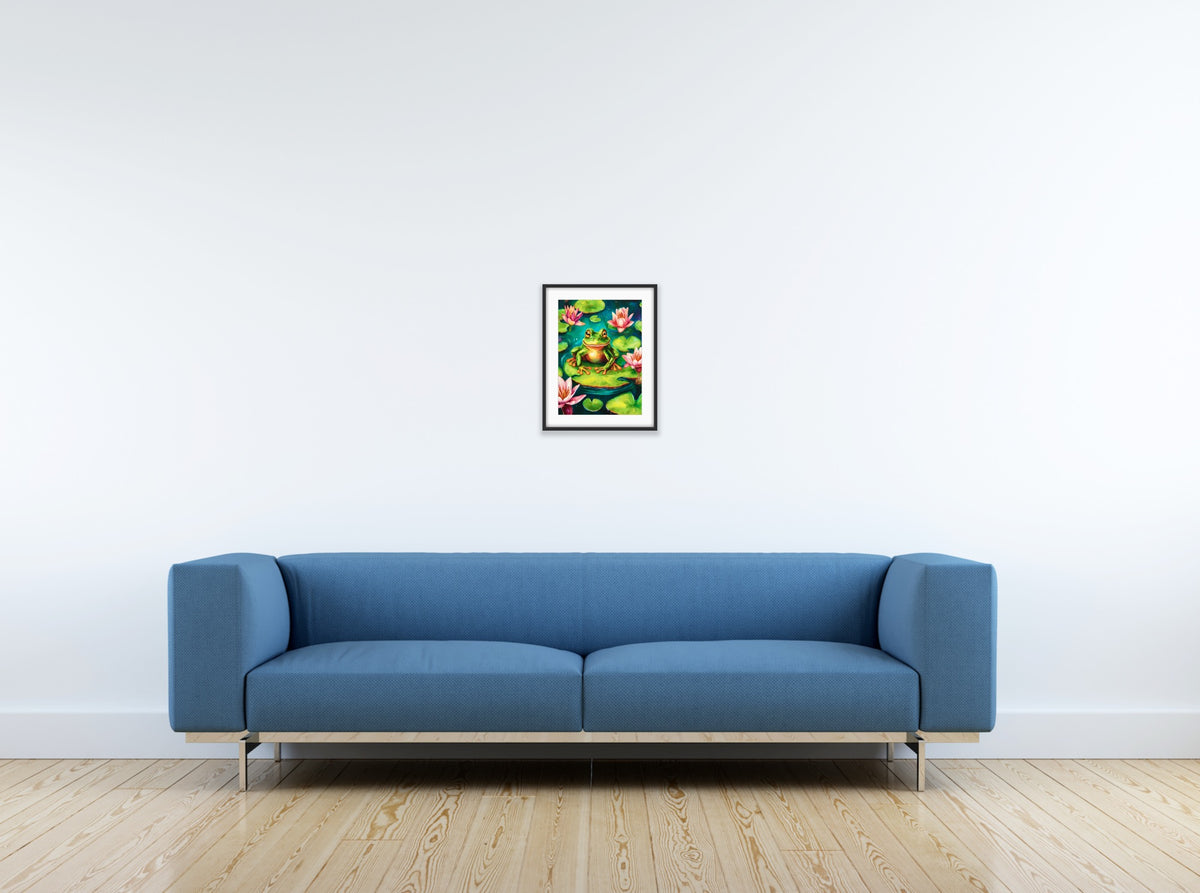 A whimsical watercolor print of a frog on a lily pad at night, showcasing vibrant colors and intricate details. Printed on high-quality textured matte paper, this small 8 x 10 art piece adds charm to any room and is available framed with a black floating frame for enhanced visual appeal.