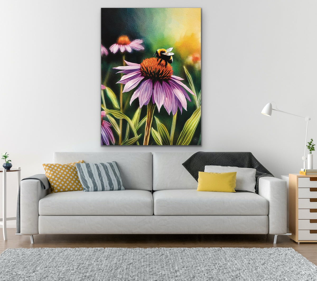 Purple Cone Flower with Bee – Large 24 x 36 unframed Canvas Art Print.