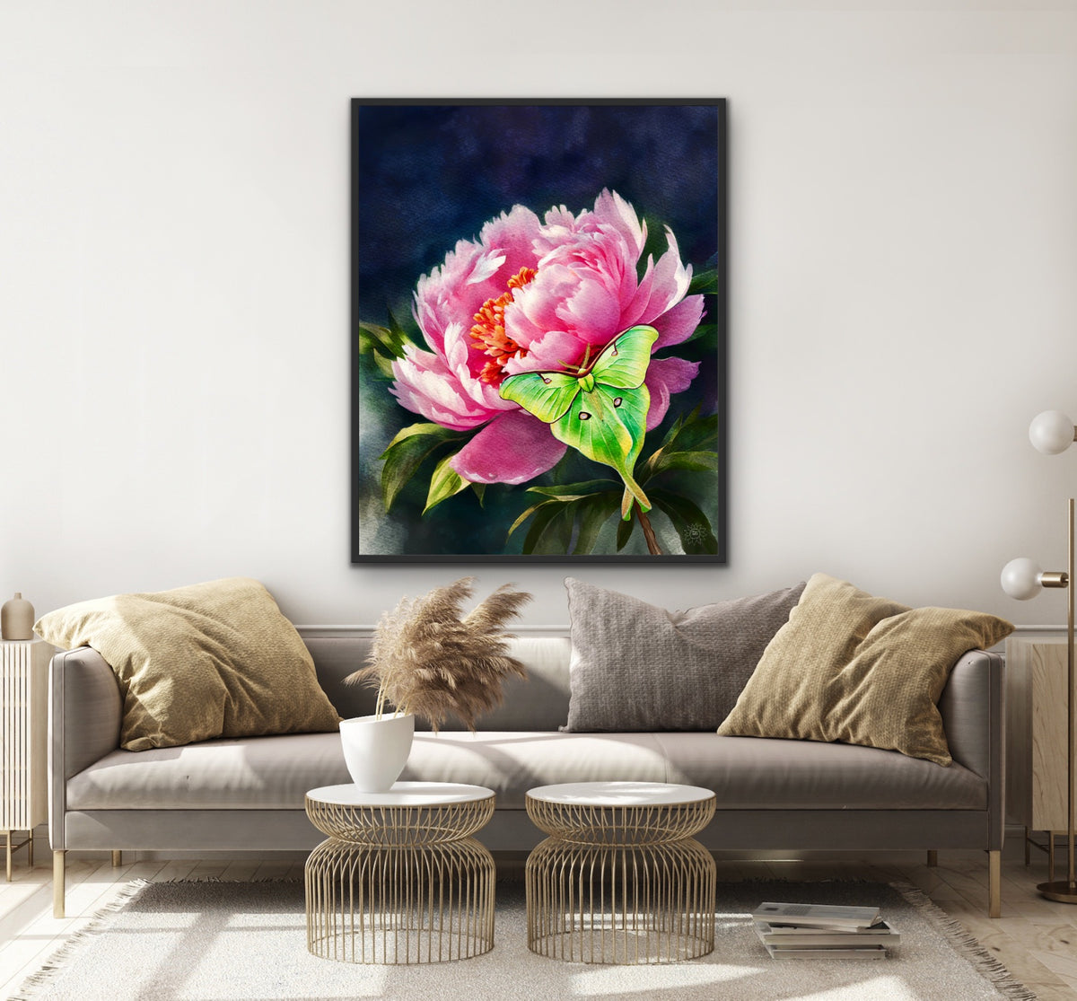 Peony with Luna Moth – Large 24 x 36 framed in black with a floating frame Canvas Art Print.