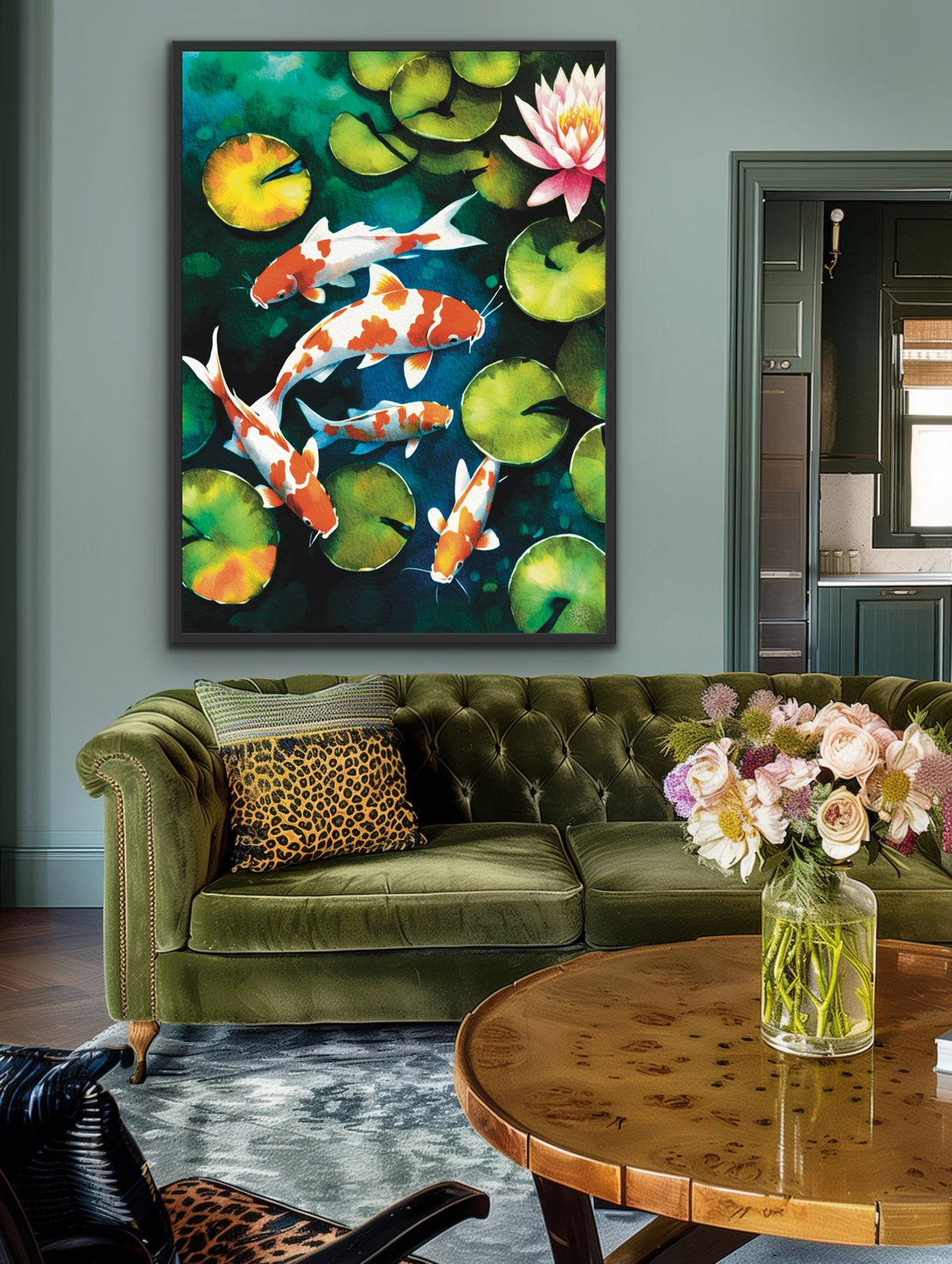 A extra large 36 x 48 print  framed in a black floating frame canvas art print of koi fish in a pond.