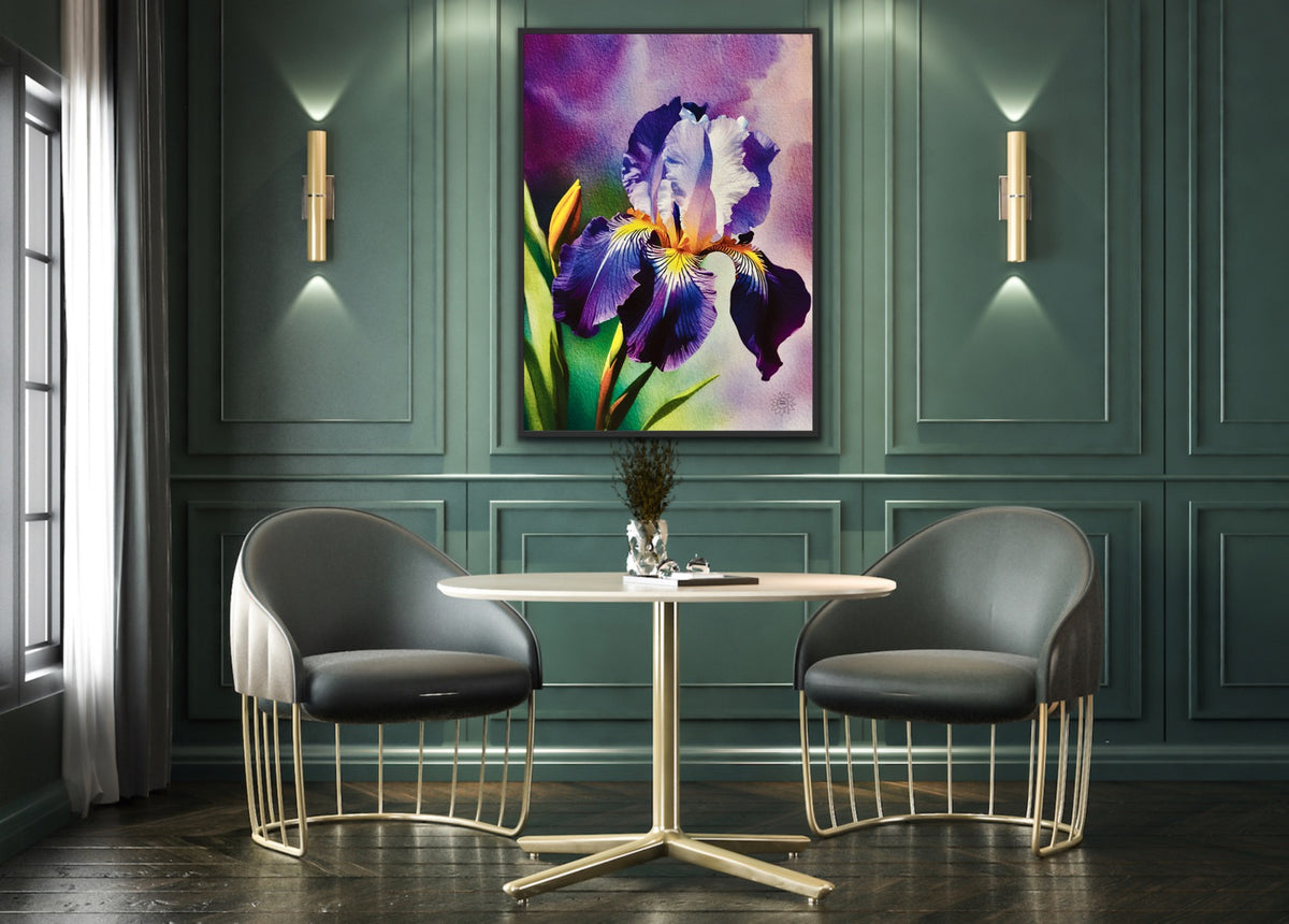 Purple Iris – Canvas Art Print. Large 24 x 36 framed in a black floating frame print.